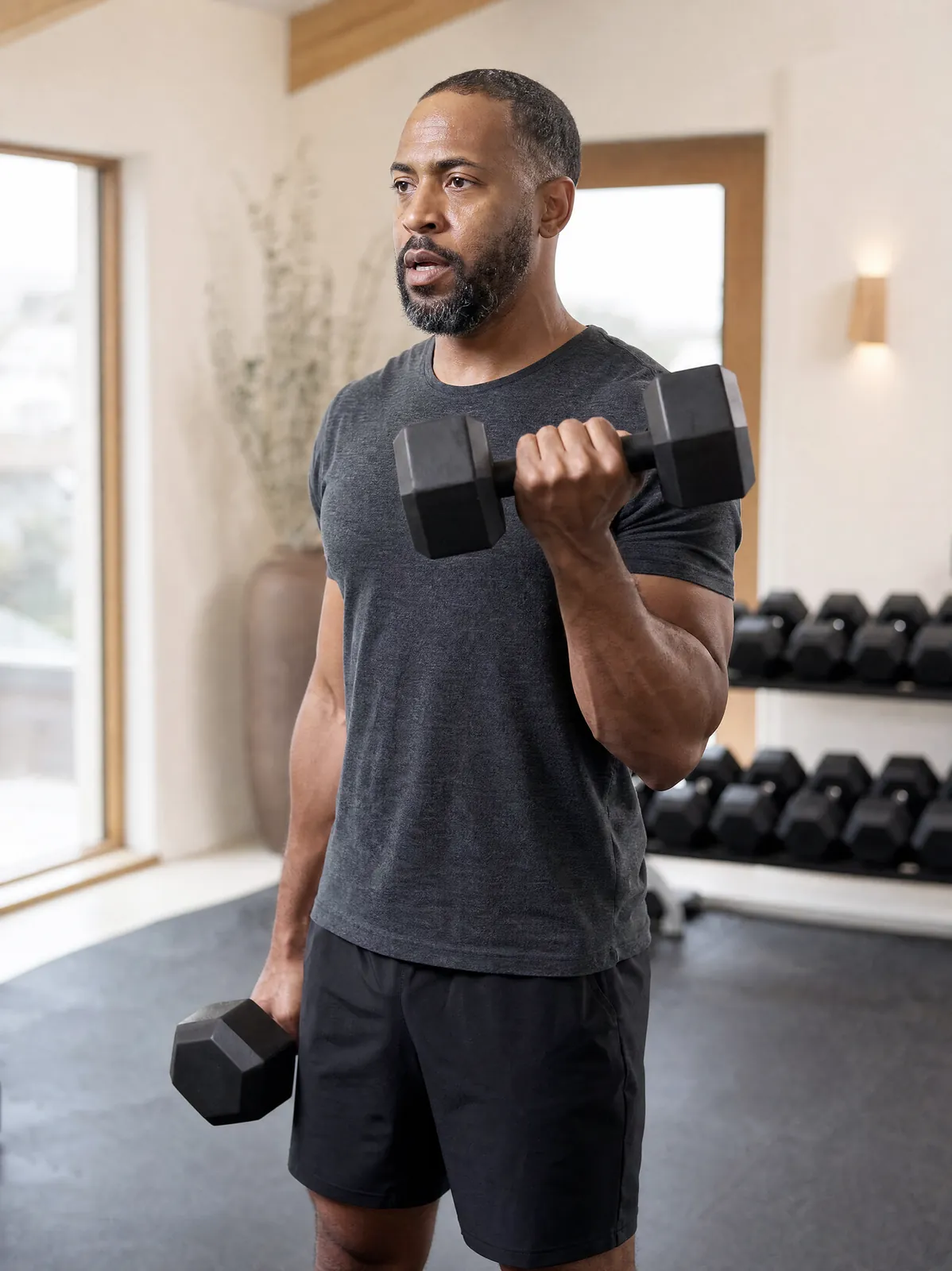 Man lifting dumbbells in a bright gym