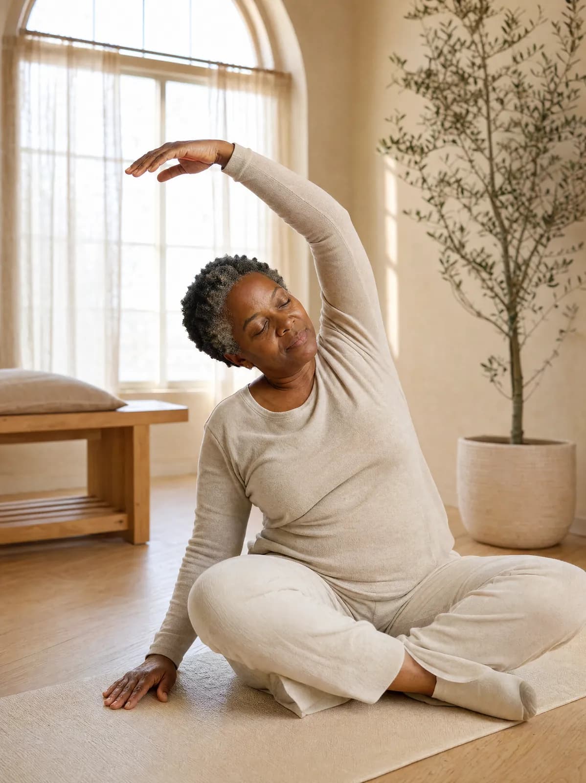 Woman stretching at home in morning light